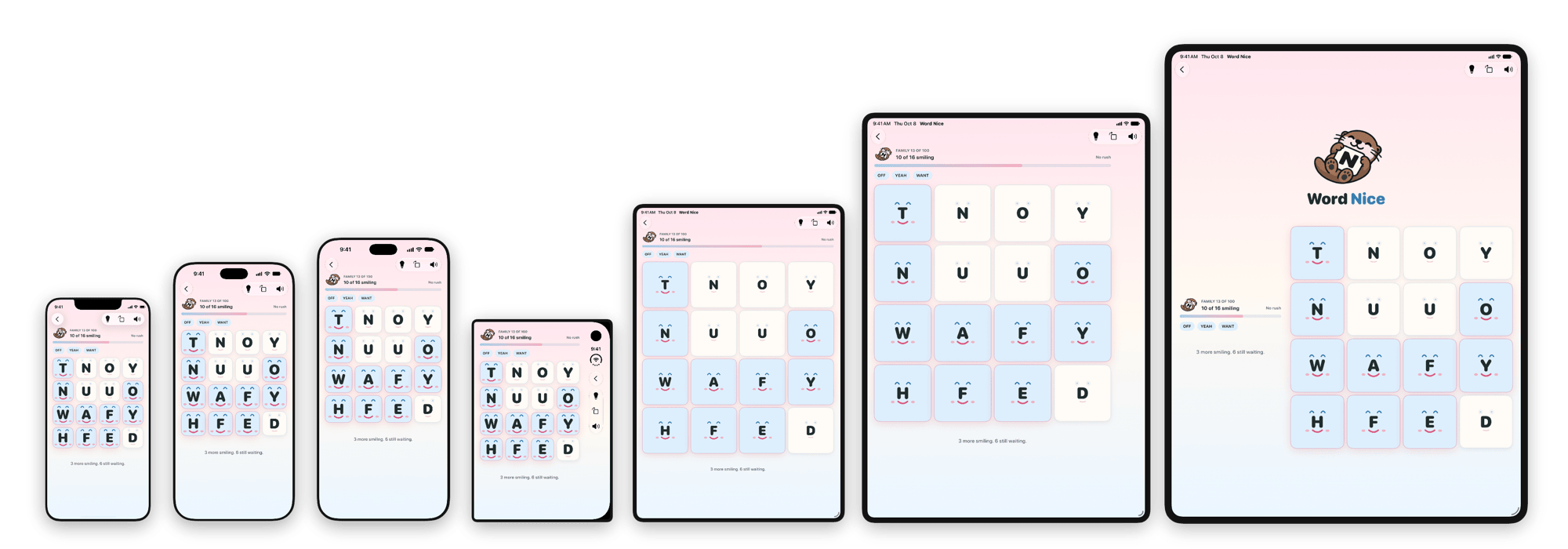 Word Nice on seven devices in a row, smallest to largest: iPhone mini, iPhone, iPhone Pro Max, a folded iPhone Duo, iPad mini, iPad Air, and iPad Pro.